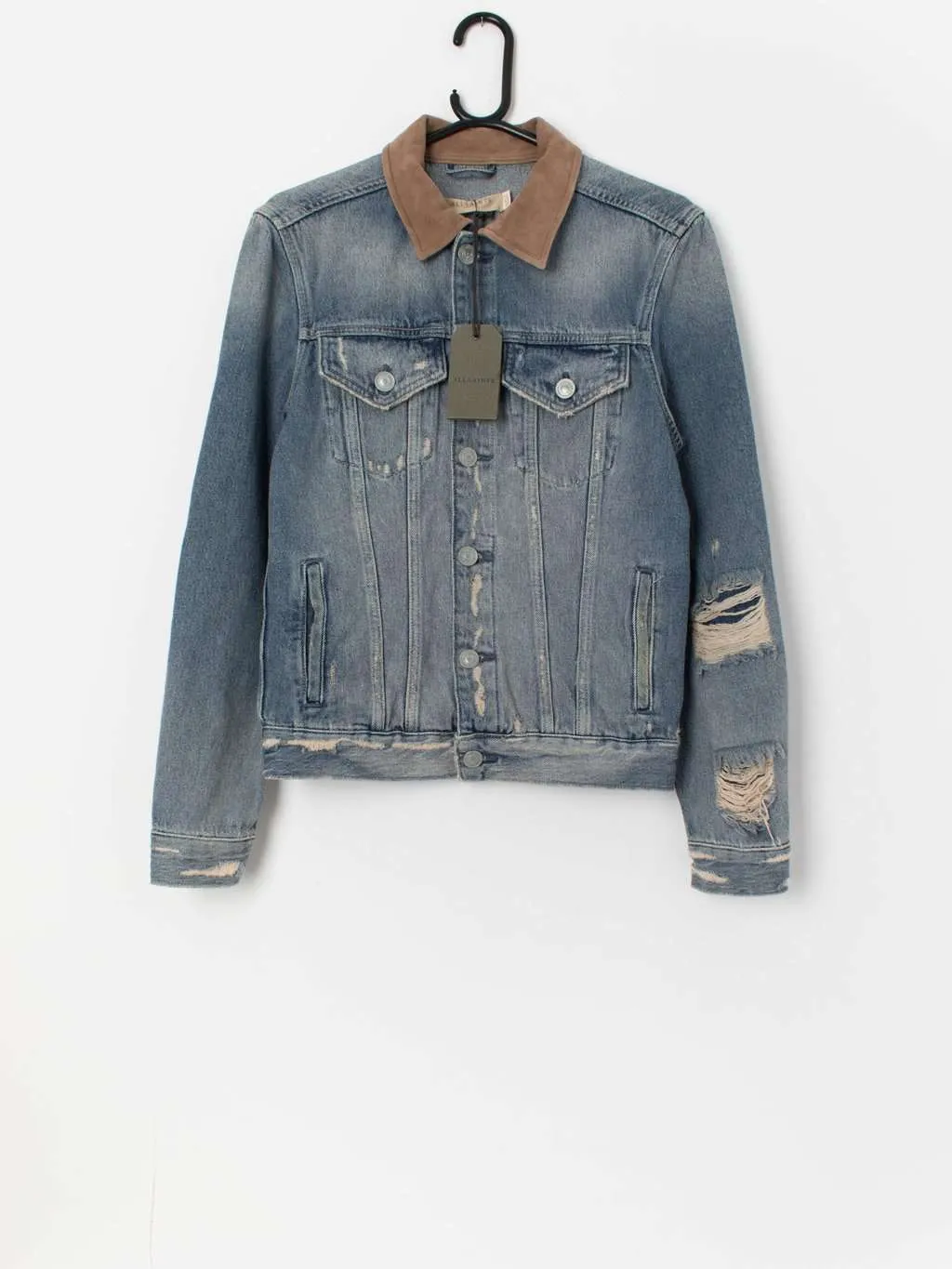 Deadstock All Saints Iren denim jacket with leather collar – XS