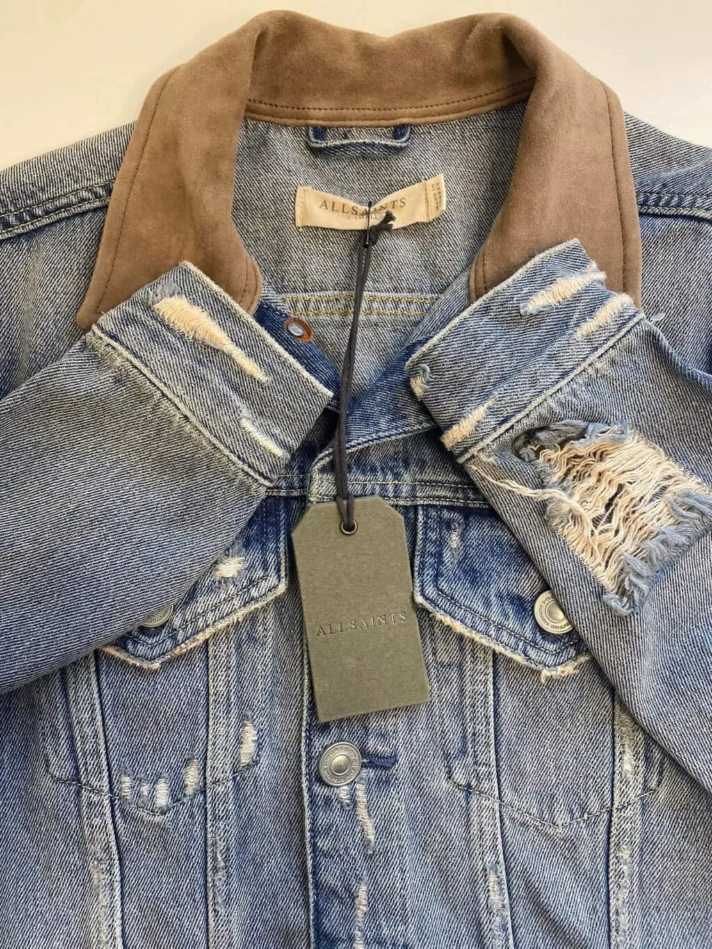 Deadstock All Saints Iren denim jacket with leather collar – XS