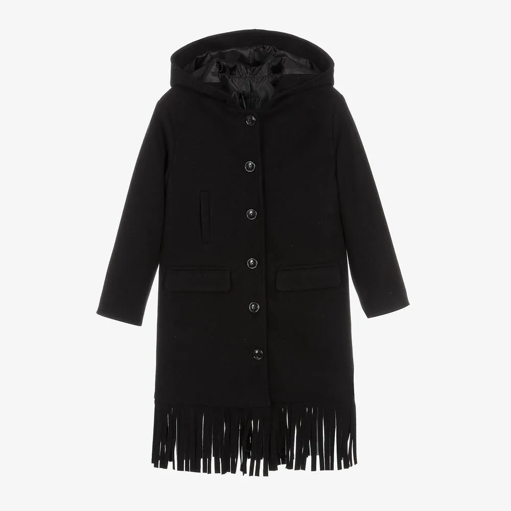 Girls Black Hooded Long Coat