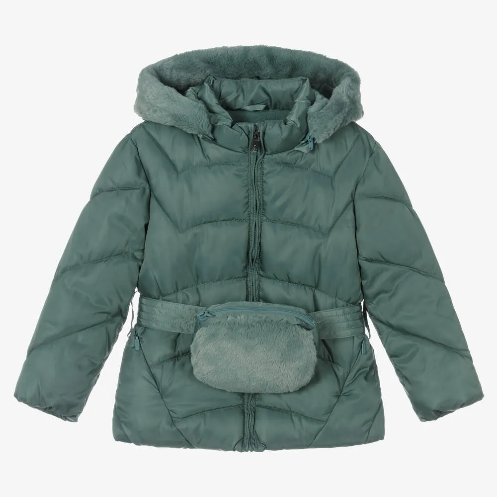 Girls Green Belted Puffer Coat