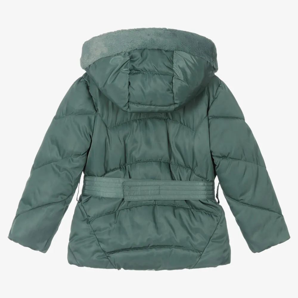 Girls Green Belted Puffer Coat