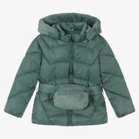 Girls Green Belted Puffer Coat