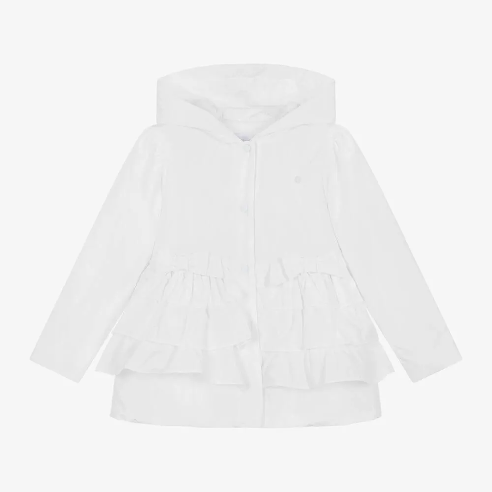 Girls White Frilled Hooded Coat