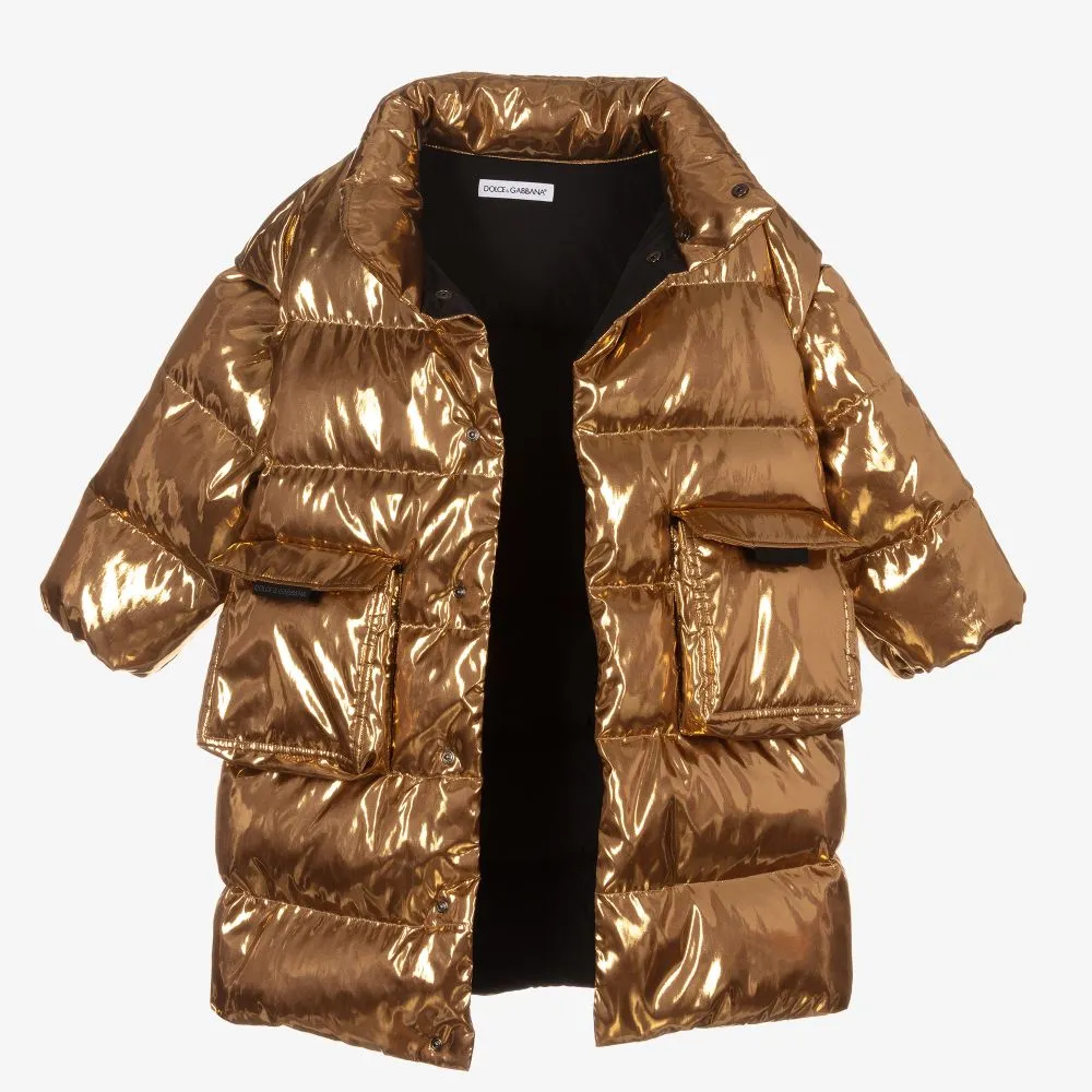 Gold Puffer Hooded Down Coat