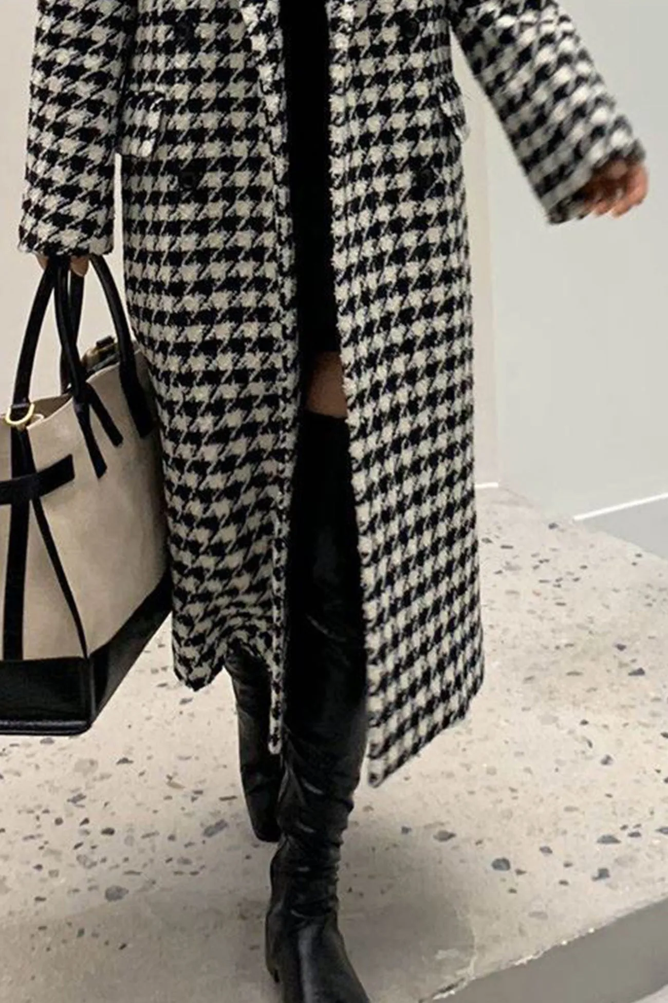 Houndstooth Back Slit Long Coat