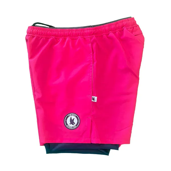 Mens 2-1 Solid Compression Neon Pink with Navy Liner 7 Short