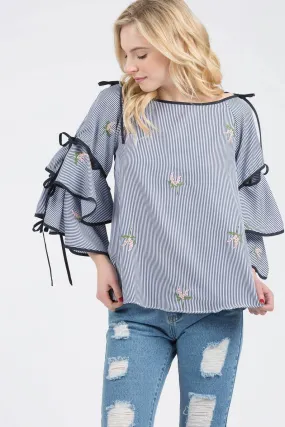 Navy Blue Floral Poplin Print Woven Top With Bell Sleeves