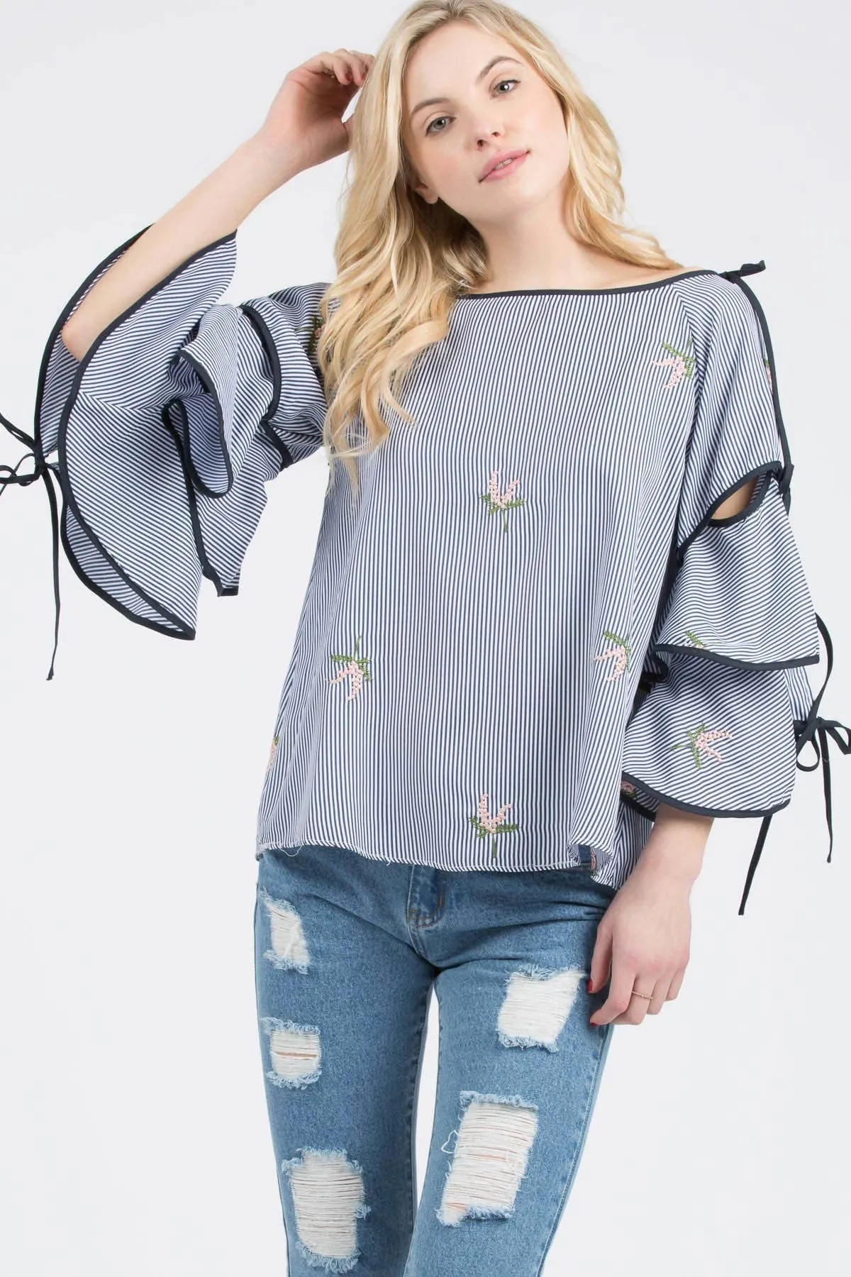 Navy Blue Floral Poplin Print Woven Top With Bell Sleeves