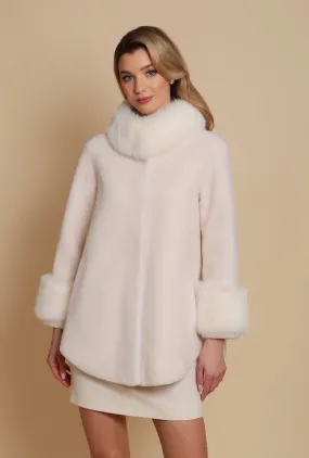 'Scarlett' Wool and Faux Fur Cape Coat in Bianco