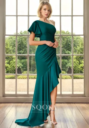 Sheath One Shoulder Pleats Elegant Mother of the Bride Long Cocktail Dress