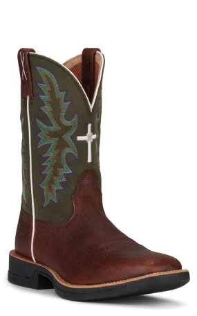 Twisted X Men's Tech X Brown Elephant Print and Green with Cross Embroidery Wide Square Toe Cowboy Boots