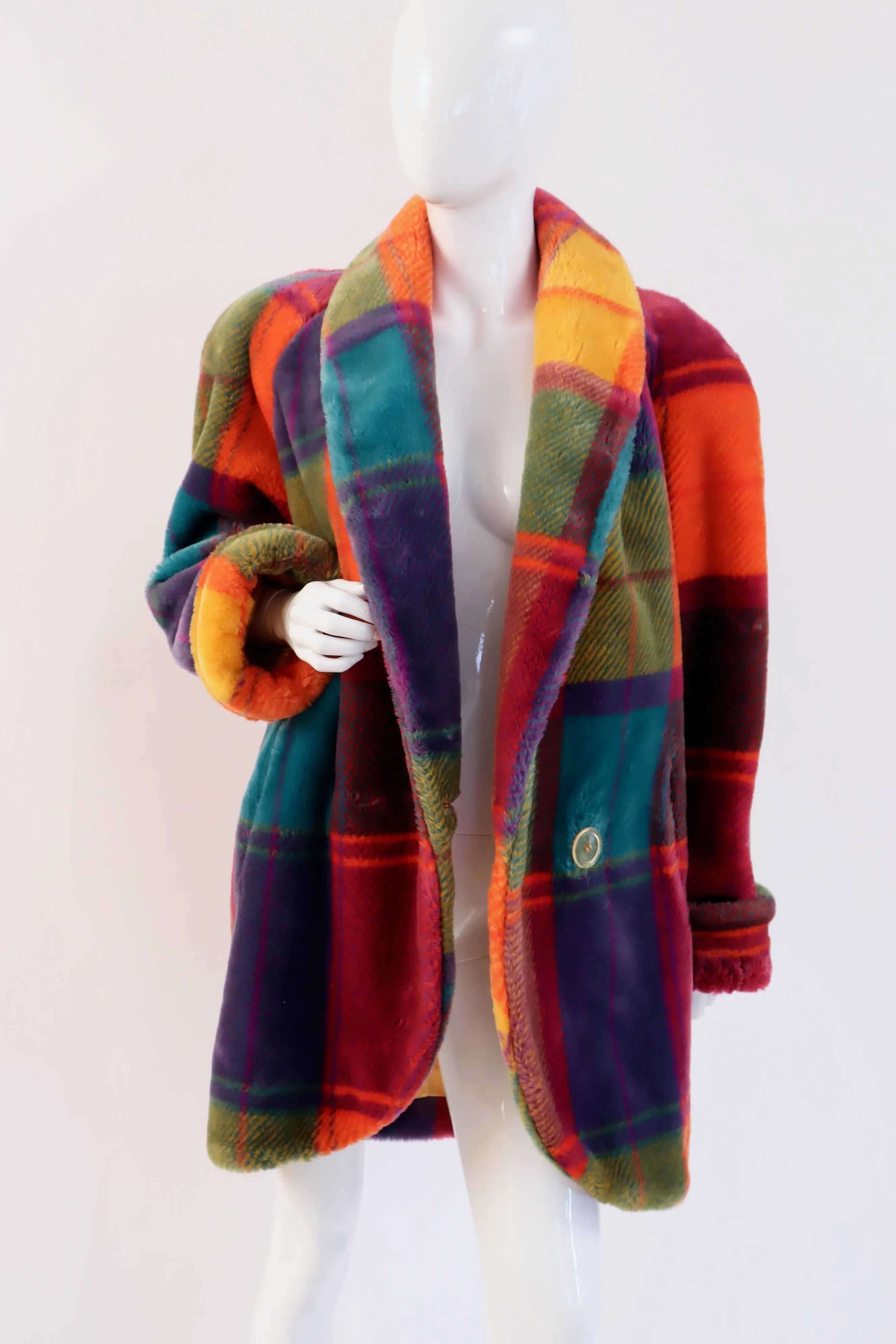 Vintage 80's Rainbow Plaid Faux Fur Coat