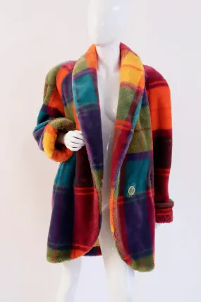 Vintage 80's Rainbow Plaid Faux Fur Coat