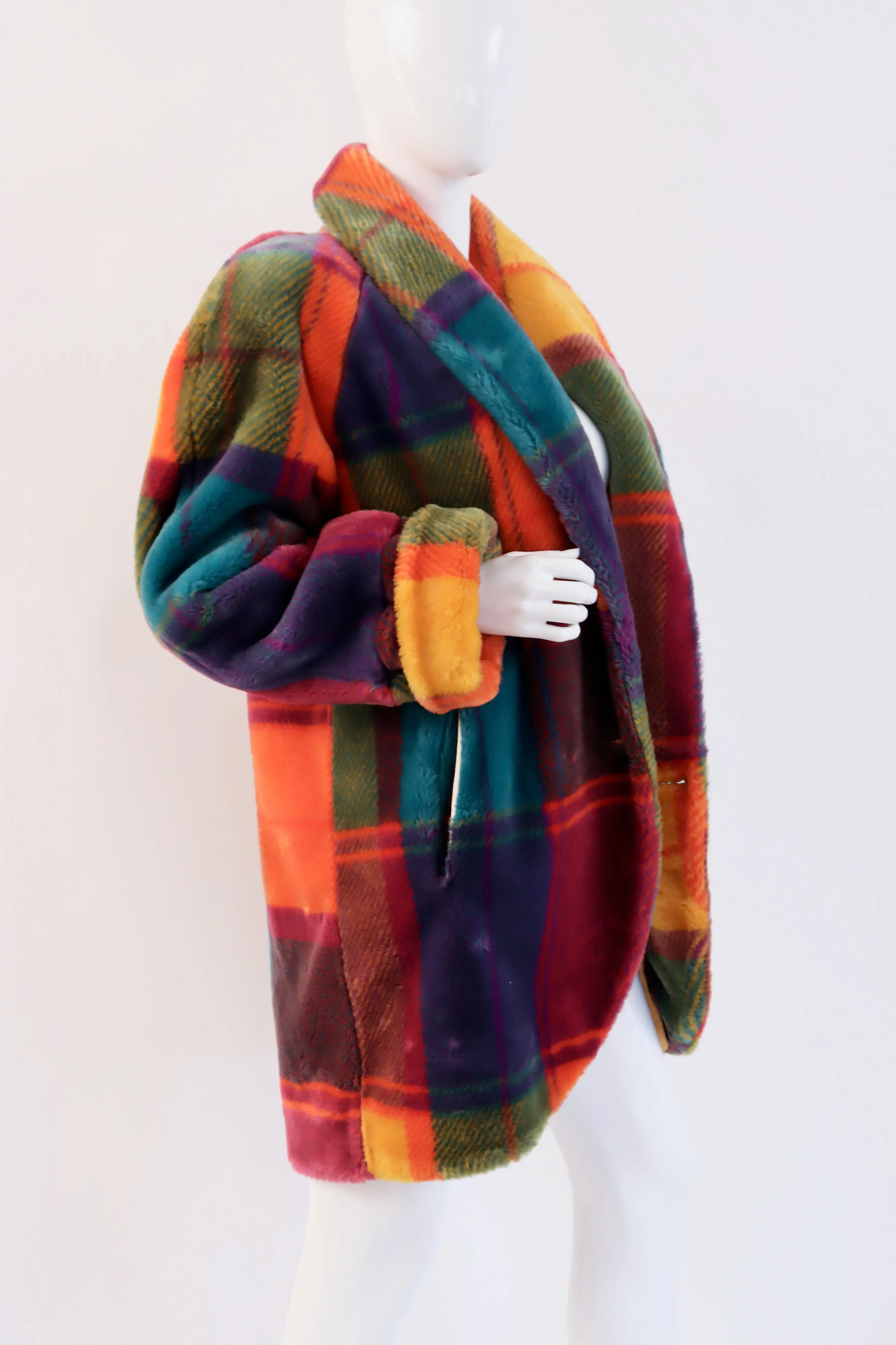 Vintage 80's Rainbow Plaid Faux Fur Coat