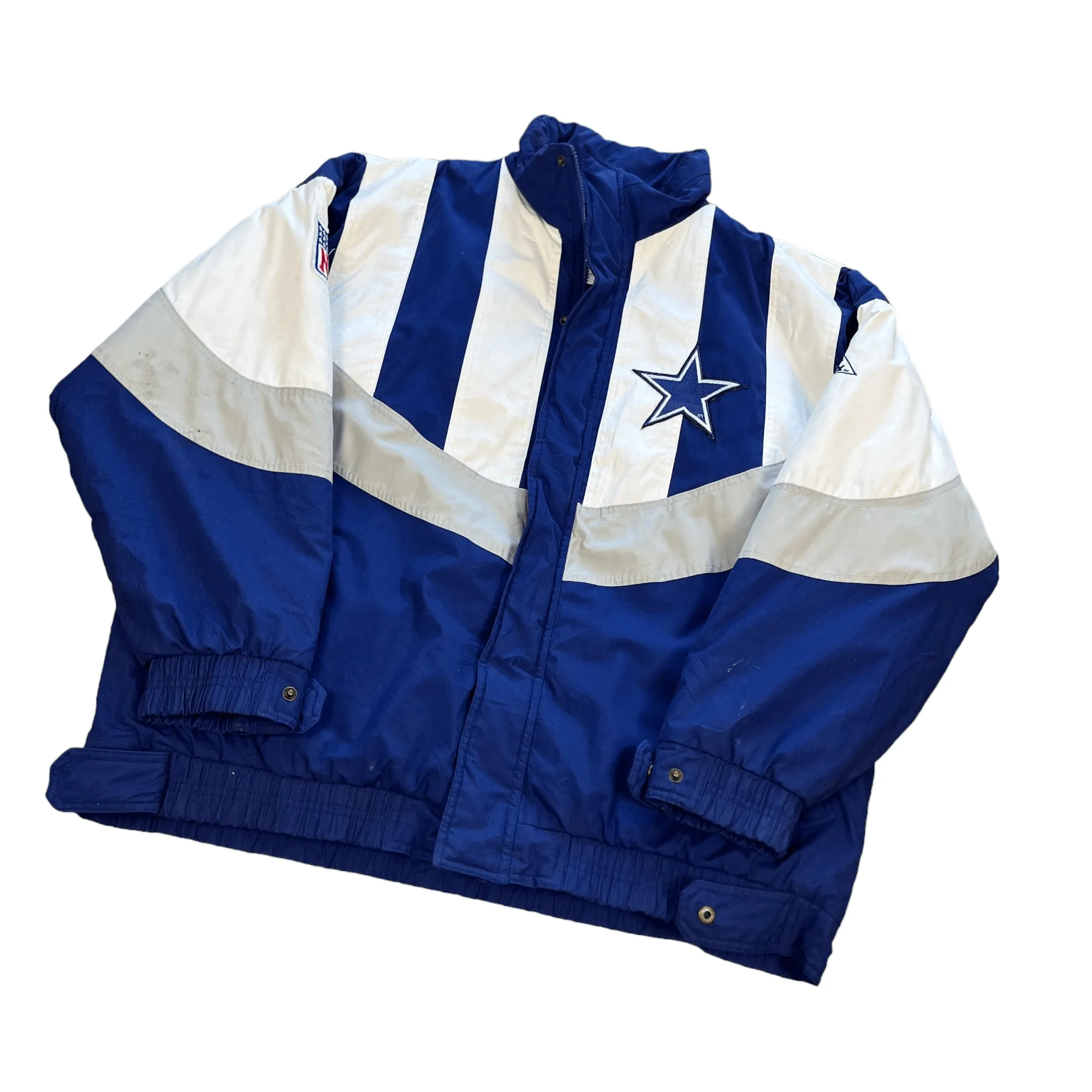 Vintage Navy Blue, White + Grey NFL Dallas Cowboys Puffer Coat - Extra Large