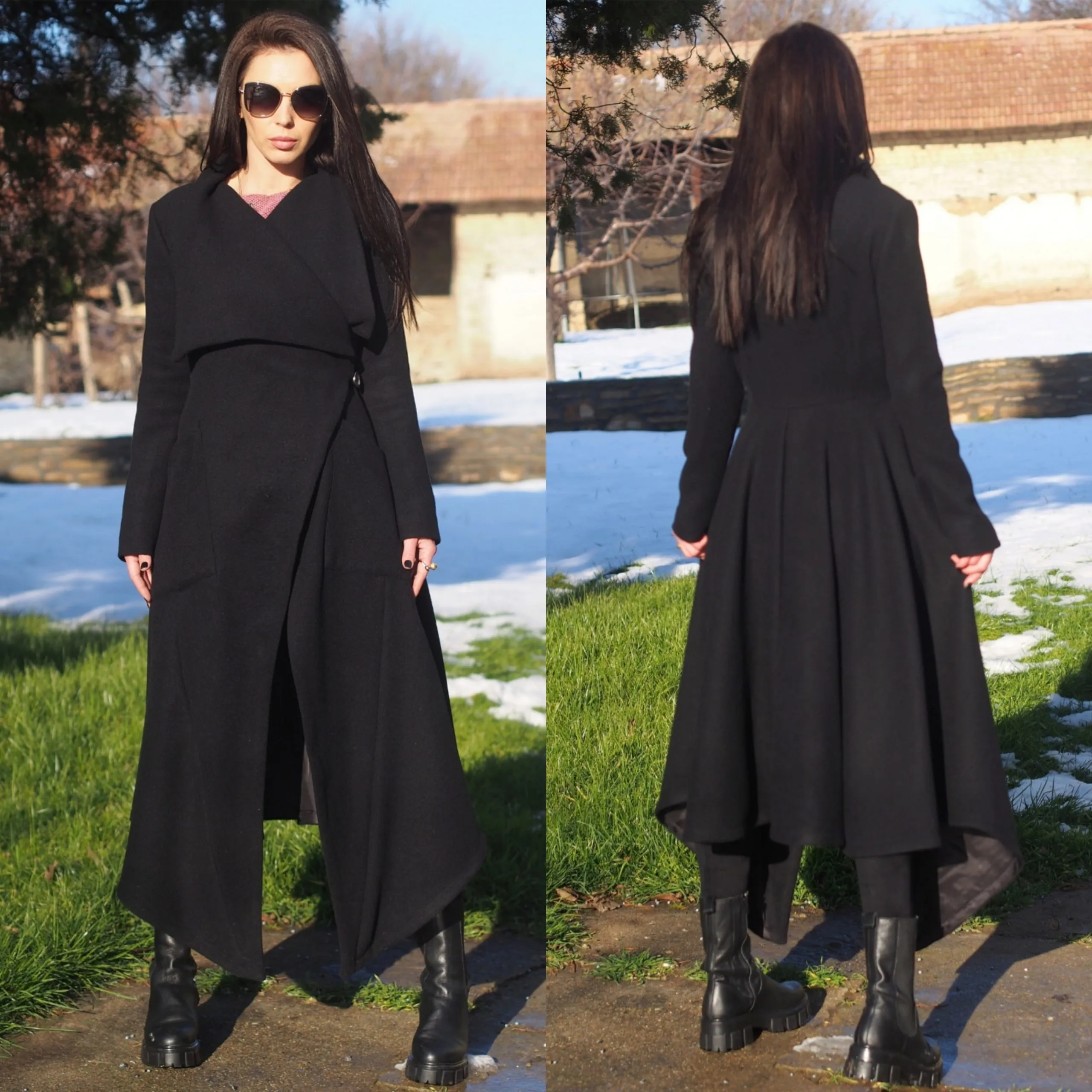 Women wool coat/Elegant Winter Coat/Black asymmetric coat/Wool Asymmetric Coat/Black long coat /long wool coat/Stylish Long Coat