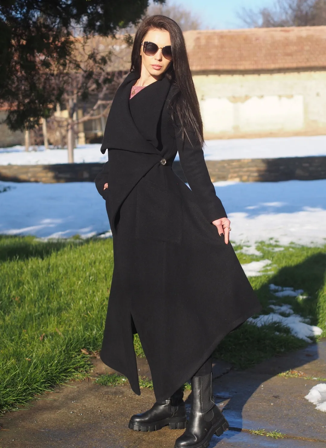 Women wool coat/Elegant Winter Coat/Black asymmetric coat/Wool Asymmetric Coat/Black long coat /long wool coat/Stylish Long Coat