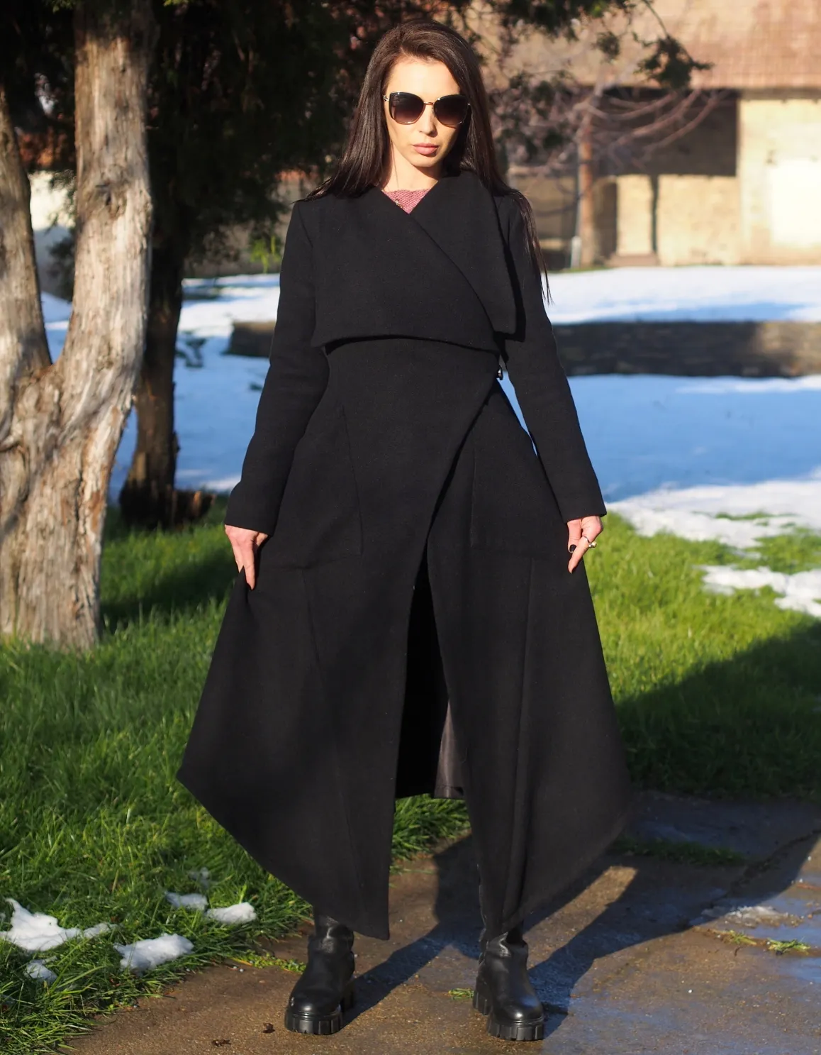 Women wool coat/Elegant Winter Coat/Black asymmetric coat/Wool Asymmetric Coat/Black long coat /long wool coat/Stylish Long Coat