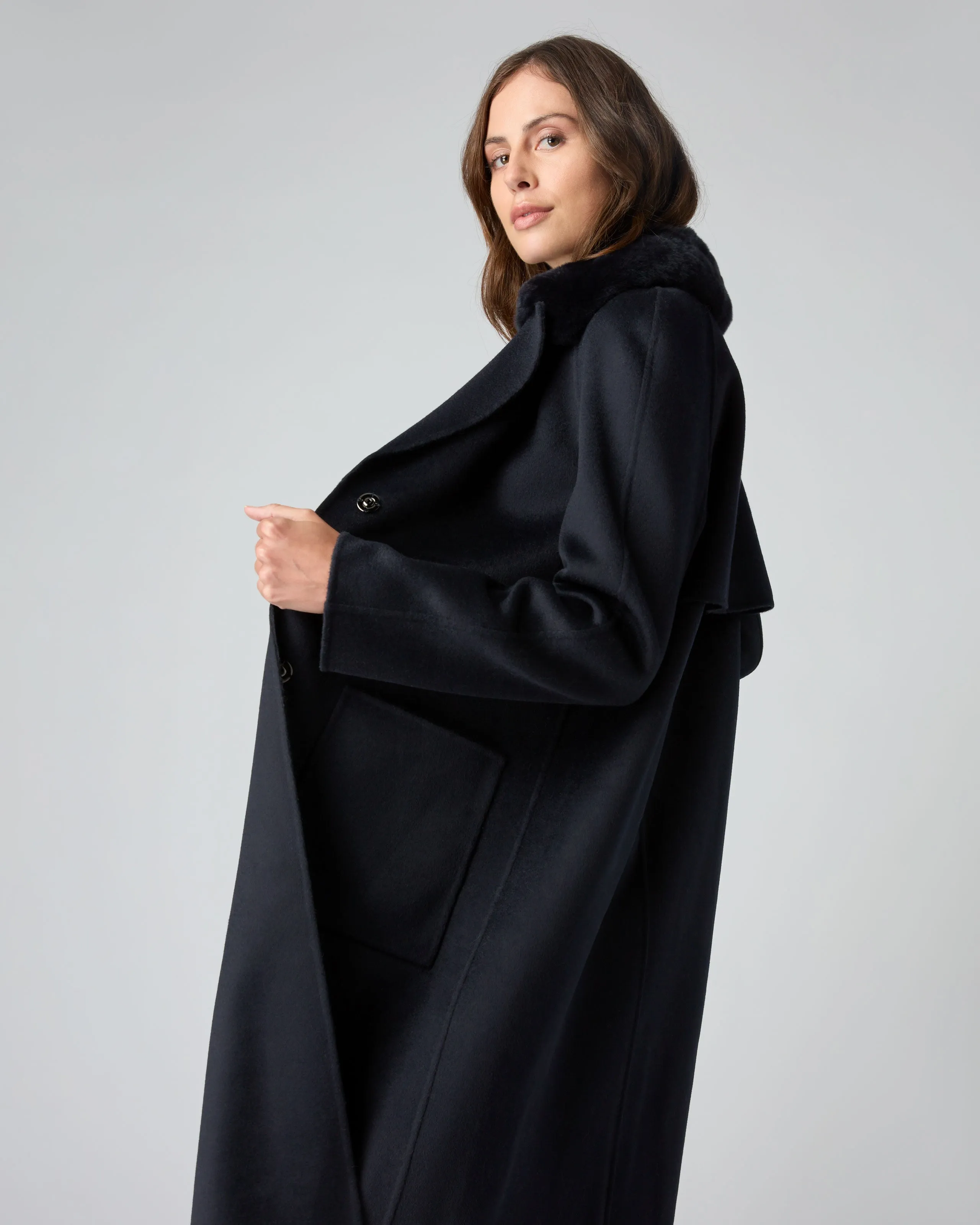 Women's Fur Collar Woven Coat Navy Blue