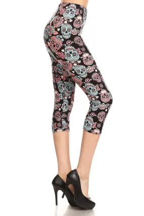 Women's Plus Black Sugar Skull Printed Cropped Capri Leggings